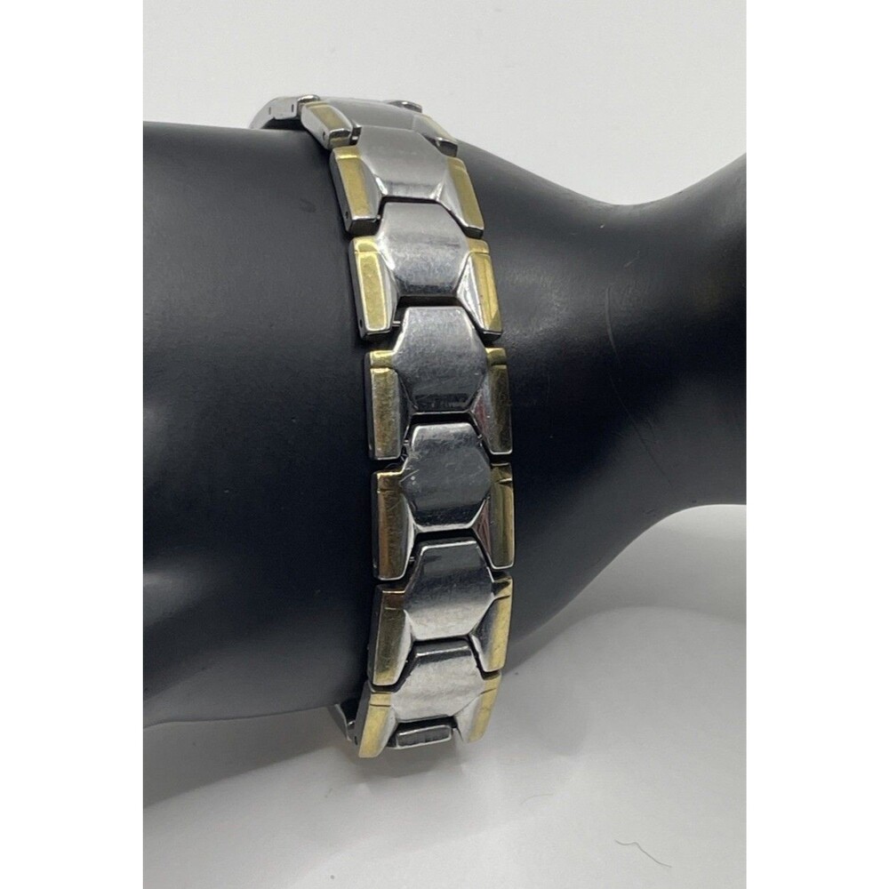 Mens Dual Magnetic Bracelet, 2-Tone Octagon Link Adjustable Unisex JAPAN